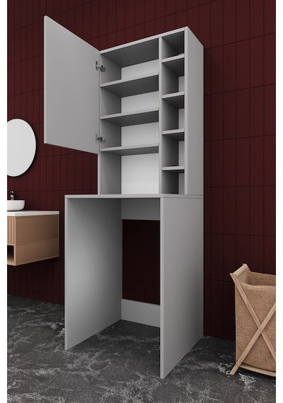 Asra Trend Çamaşır Makinesi Üstü Banyo Dolabı BD-02 %100 MDF Kapaklı Organizer Raf Kül Gri