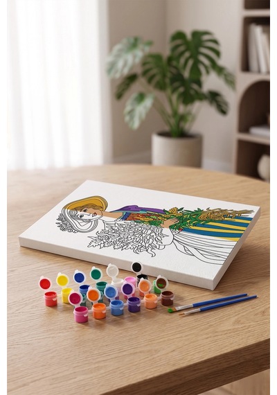 Çiçekli Kadın Desenli Mandala Tuval Boyama Seti 40x50 Cm