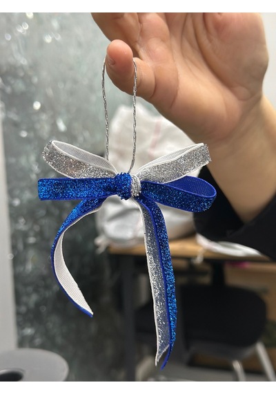 Premium Kadife El Emeği- Simli Yılbaşı Fiyonk 5 Li Set El Yapımı Ağaç Ve Hediye Süsleme Gümüş/mavi