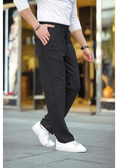Veraura Lifestyle Erkek Cizgili Dokuma Krep Jogger Buggy Pantalon Rahat Kalıp - Siyah