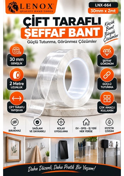 Lenox Çift Taraflı Şeffaf Bant 30 Mm X 2 Metre Güçlü Tutunma Çok Amaçlı Sabitleme Bandı