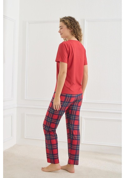 Kompedan Kadın Ekose Desenli Bisiklet Yaka Pijama Takım Kırmızı 30102-598 Kırmızı