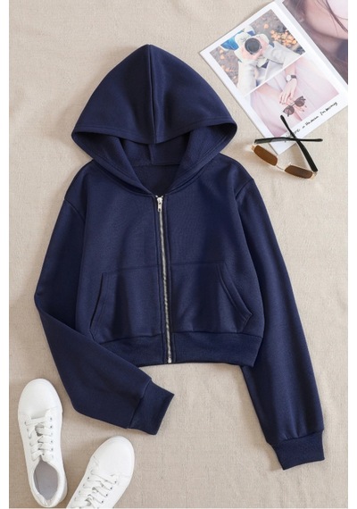 Cool Tarz Kadın Kapüşonlu Şardonlu Lacivert Renk Crop Sweatshirt Lacivert Lacivert
