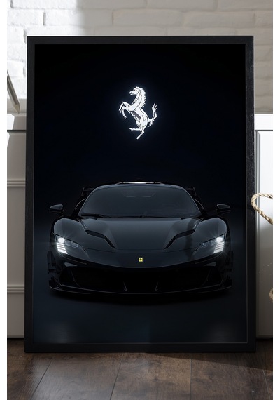 Ferrari Sf90 Siyah Ahşap Çerçeveli Poster, Dekoratif Araba Duvar Tablosu