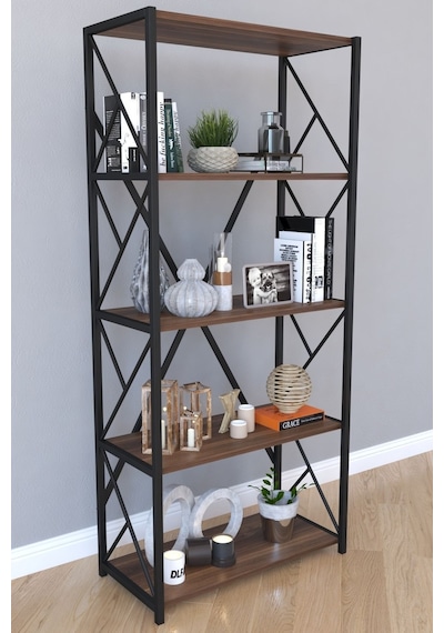 5 Raflı Metal Kitaplık 160 Cm - Ceviz Ceviz