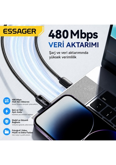 Essager 29w Pd Dijital Göstergeli Type-c To Lightning Hızlı Şarj Ve Data Kablosu 3a 480mbps Örgülü