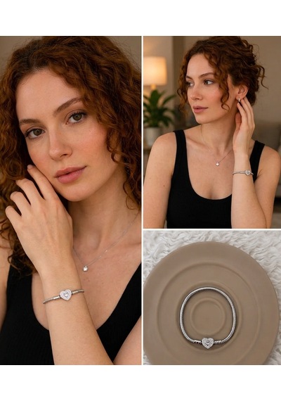 Premium Gümüş Renk Parlak Taş Ve Kalp Detaylı Gümüş Renk Charm 316l Çelik Bileklik 18cm