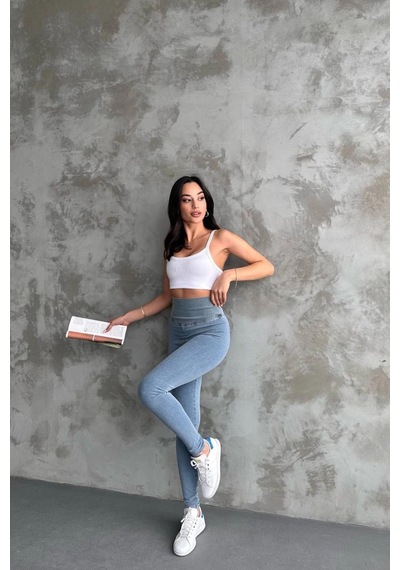 Buz Mavi Ekstra Yüksek Bel Kot Tayt Pantolon Jeggings Buz Mavi