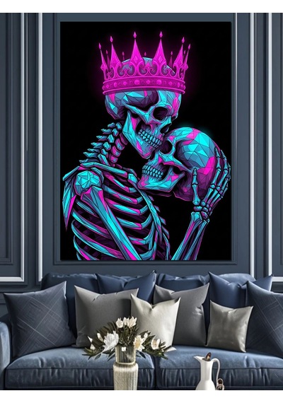 Ahşap Tablo Neon Işıklı İskelet Aşkı Portresi