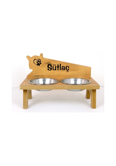 Realwood Özel İsimli Ahşap Kedi Köpek Mama Su Kabı Stantı 800 ML