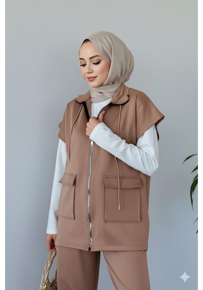 Unika Boutique Kadın Yelek Pantolon İkili Tesettür Takım Scuba Rahat Kesim 4 Mevsim - Günlük Vizon