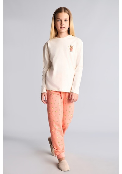 Defacto Bisiklet Yaka Uzun Kollu Baskılı Regular Fit 2li Pijama Takımı Kız Çocuk I2286a826auer233 Ekru-er233