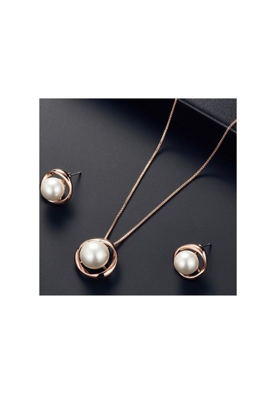 Pearl Inci Taşlı Rose Gold Kolye Küpe Sade Şık Gelin Düğün Hediye Takı Seti Altın