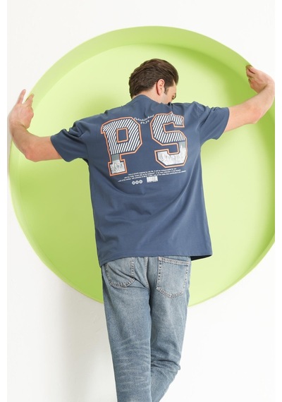 Erkek Ps Baskılı Oversize T-shirt Petrol