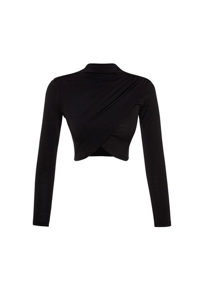 Ersefa Moda Dik Yaka Örme Slim Düz Desen Şık Gece Crop Uzun Kol Bluz Siyah