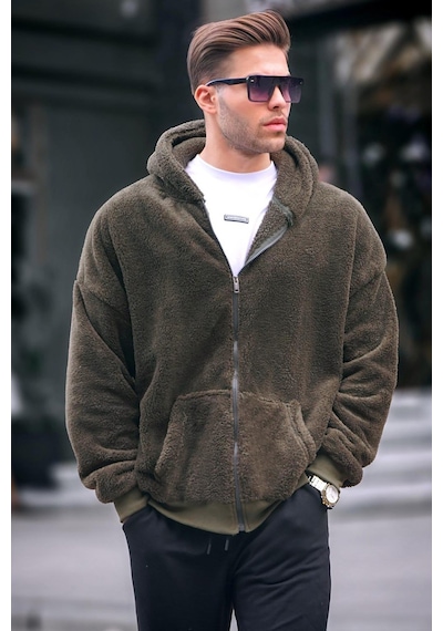 Madmext Haki Peluş Over Fit Kapüşonlu Fermuarlı Erkek Sweatshirt 6049 Haki