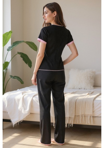 Bella Notte Pamuklu Toz Pembe Fiyonk Detaylı Yazlık Pijama Takımı Siyah