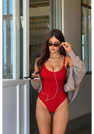 Kadın Slip Kalıp Kırmızı Body Örme Orta Destek Kirmizi