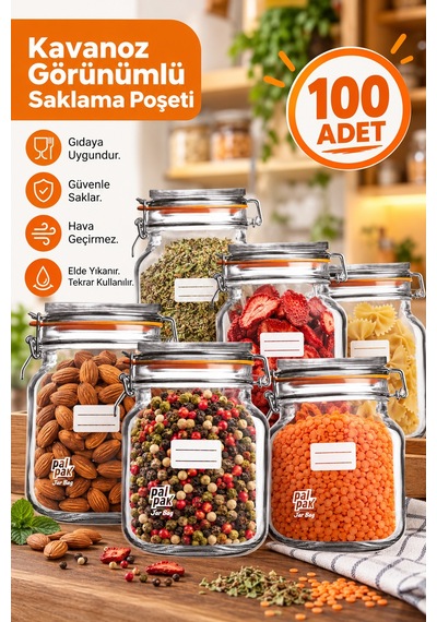 Klips Desenli Mini Boy Kavanoz Görünümlü Kilitli Doypack Saklama Poşeti 11x15 Cm - 200 Ml 50 Adet
