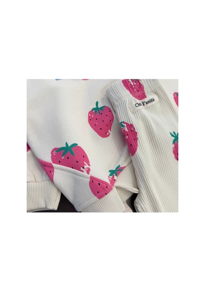 Fleurs Chic Pembe Çilek Desen Sweatshirt Tayt Takım Krem