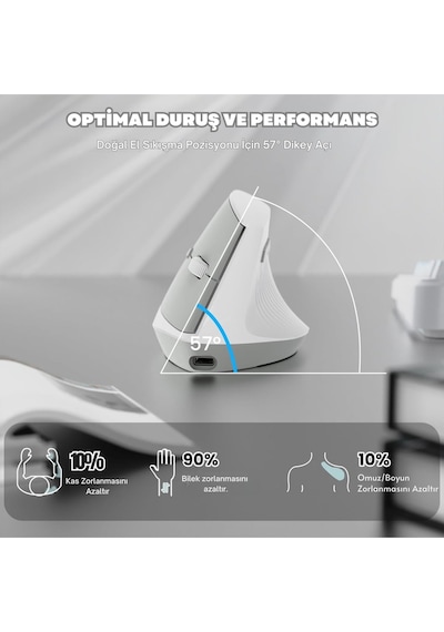 İ300 Kablosuz Ergonomik Dikey Mouse- 84gr-sessiz Tıklama- 57 Açı-16.000 Dpı Diğer