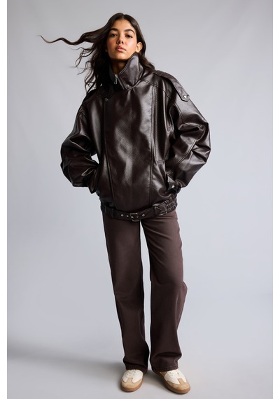 Defacto Relaxed Fit Dik Yaka Fermuarlı Suni Deri Mont H8565ax26wnbn338 Kahve-bn338