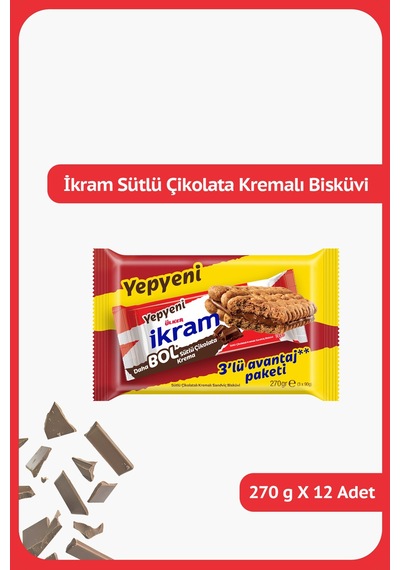 İkram Sütlü Çikolatalı Kremalı Bisküvi - 3'lü Paket - 270 Gram - 12 Adet