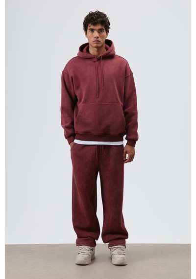 Vamos Basic Oversize Yıkamalı Hoodie Bordo