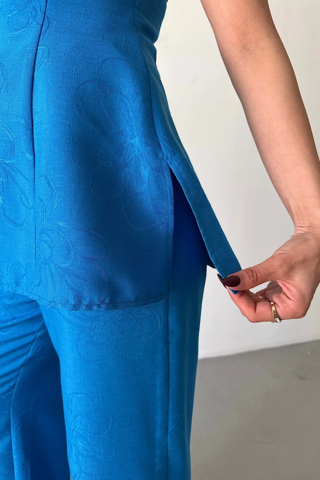 Emh Store Jakar Keten Kolsuz Bluz-pantolon Tk - Mavi Mavi
