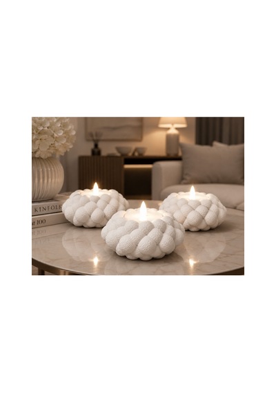 Dekoratif Tealight Led Mum Aydınlatmalı Üçlü Mumluk Seti Aydınlatma Dahil Beyaz Beyaz