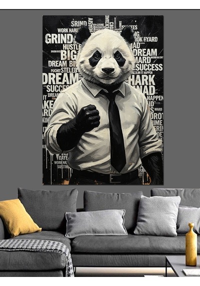 Ahşap Tablo Motivasyon Yazıları Fonlu Panda Siyah Beyaz