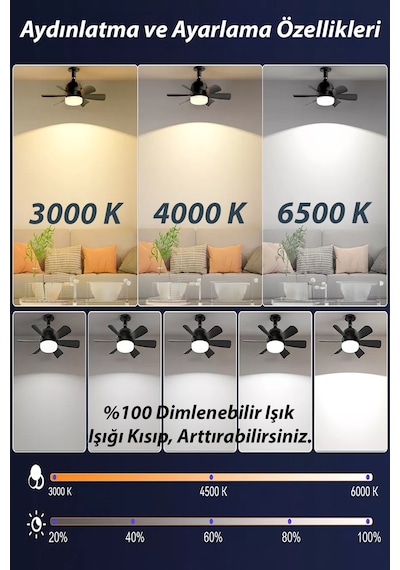 Sessiz 6 Kanatlı Dim Işıklı Uzaktan Kumandalı Işıklı Tavan Vantilatörü