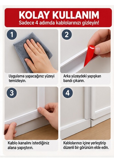 Mucit Home Kablo Kanalı 3 Metre - Yapışkanlı Kablo Gizleme Ve Kablo Düzenleyici Organizer