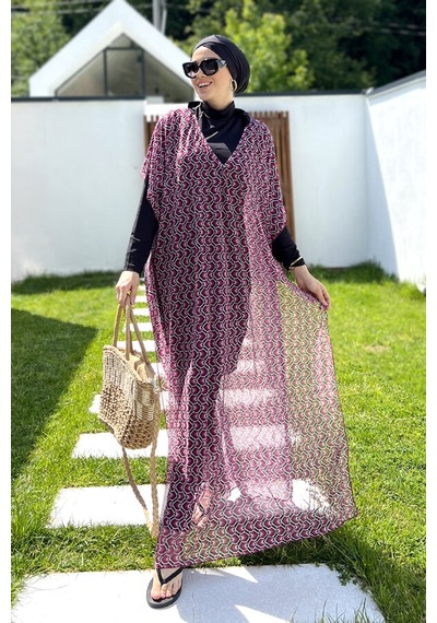 Remsa Tesettür Mayo Üzerine Desenli Tek Kaftan Pareo 430-306 Fuşya Fuşya