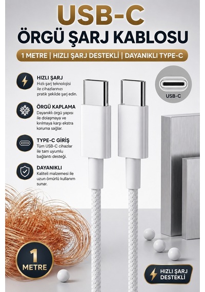 USB-C Örgü Şarj Kablosu 1 Metre Hızlı Şarj Destekli Dayanıklı Type-C Kablo Tüm Telefonlarla Uyumlu