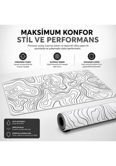 90x40 Cm Mouse Pad, Siyah Topografik Kontur Desenli Büyük Gaming Mouse Pad, Kaymaz Kauçuk Tabanlı, Dikişli Kenarlı