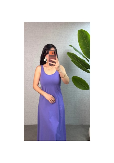 Butik İstanbul Kadın Askılı Yuvarlak Yaka Süprem Kumaş Elbise Lila