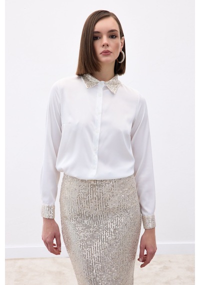 Sateen Payet Detaylı Saten Gömlek - Bej-136686 bej