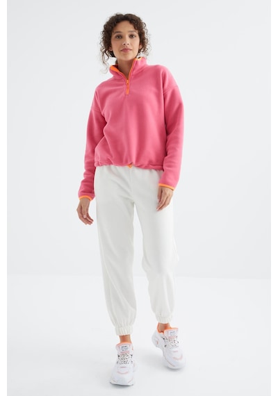 Tommy Life Şeker Pembe Yarım Fermuar Etek Ucu Büzgülü Dik Yaka Oversize Kadın Polar Sweatshirt - 97234 Şeker Pembe