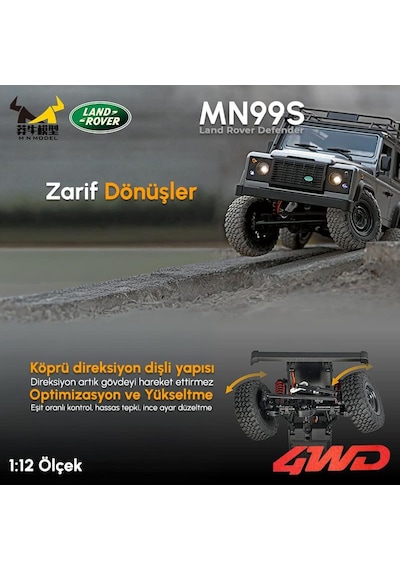 Mn Model Mn99s V2 1/12 Land Rover Defender 4wd Rc Model Crawler Offroad Uzaktan Kumandalı Araba Truck Rtr Lisanslı Gümüş+dahili Işık Seti Mn-99s V2