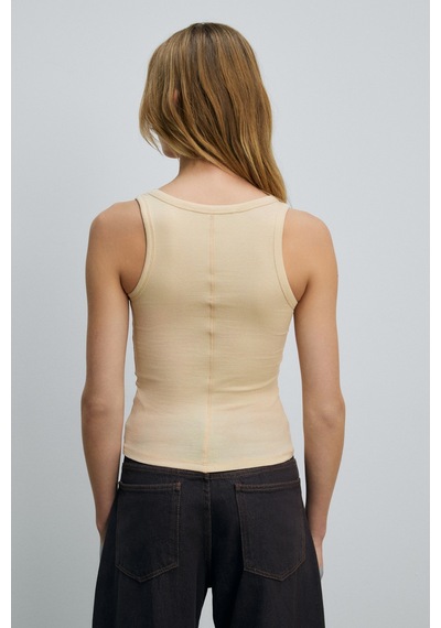 Ethıquet Lıllesol Kadın Fitilli Görünümlü Slim Fit Vücuda Oturan Havuz Yakalı Pamuklu Basic Bej Taşl