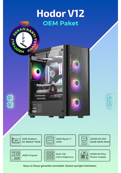 IH HODOR V12 R7-5700 32 GB 512 GB AMD Radeon RX 9060 XT Free Dos Masaüstü Oyuncu Bilgisayarı