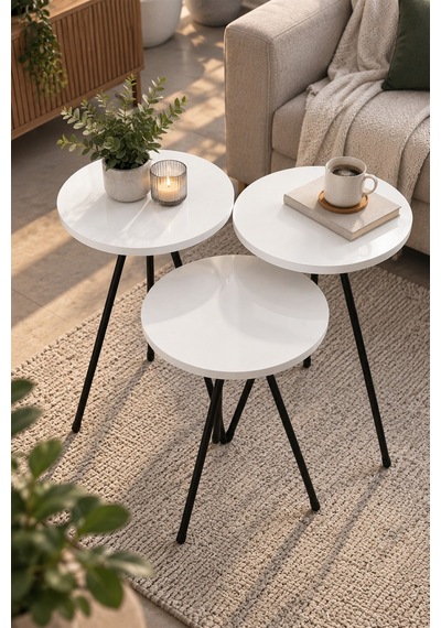 Sulorahome 3'lü Beyaz Zigon Sehpa Takımı Siyah Metal Ayaklı
