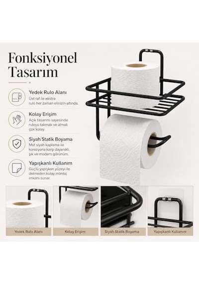 Yapışkanlı Siyah Raflı Tuvalet Kağıtlığı, Delmeden Montaj Duvar Tipi Tuvalet Kağıdı Tutucu, Banyo Ve Wc Organizer 16.5 x 12.2 x 11.2 CM