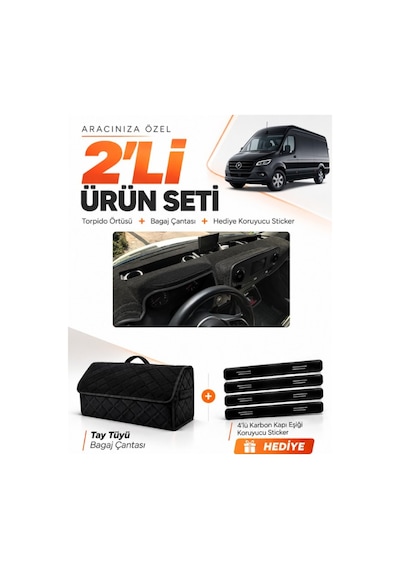 E-biz Mercedes Sprinter W907-w910 2018-2026 Uyumlu Torpido Örtüsü + Tay Tüyü Çanta - Siyah - Mb021