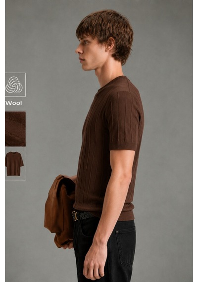 Cool Tarz Erkek Çizgili Triko Tişört Bisiklet Yaka Slim Fit Kısa Kollu Kahverengi Kahverengi