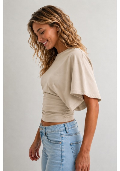 Overmax Bele Oturan Oversize Kollu Premium Crop Bluz Bej - 880759104 Bej