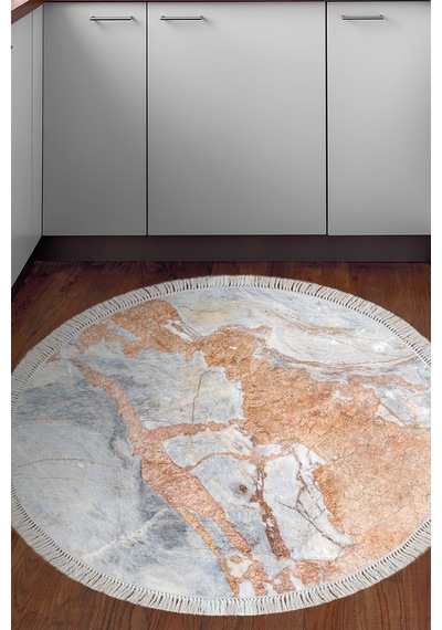 Alanur Home Kaymaz Dijital Mutfak & Salon Halı Trend Saçaklı Yuvarlak Mermer E5034 Mavi