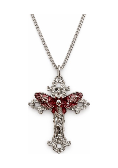 Gotik Kırmızı Kanatlı Haç Kolye Gümüş Renk Zincir Unisex Çok renkli