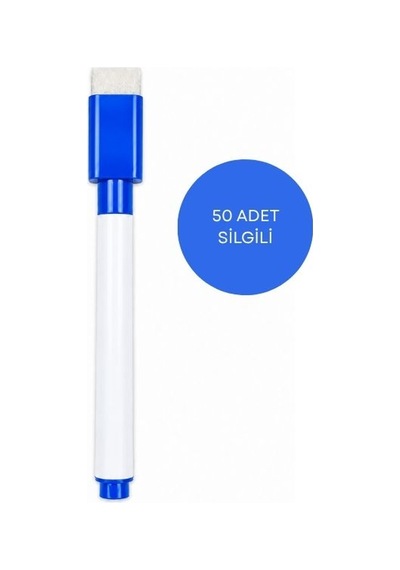 Mavi Mürekkepli Mini Beyaz Tahta Kalemi 50 Li Paket, Silgili